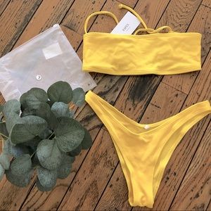Lemon Yellow Bandeau Bikini Top & high leg bottoms